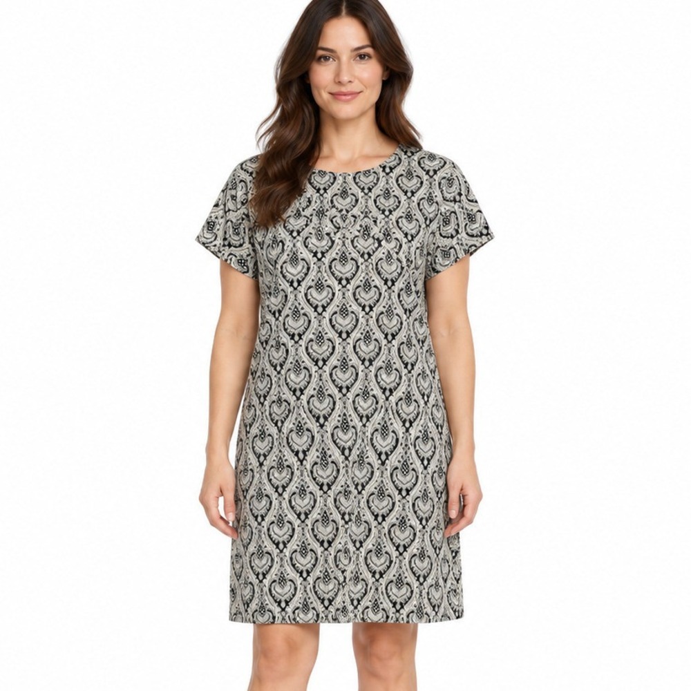 Zara Basic Navy Cream Damask Paisley Short Sleeve Shift Mini Dress Large